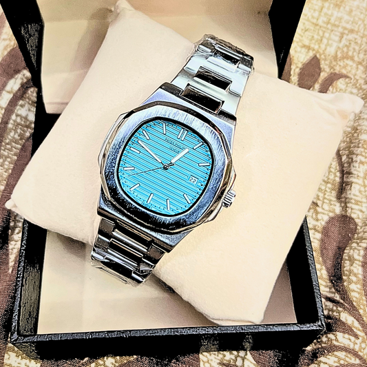 Patek Philippe Nautilus  Silver Strap with Black & Blue Sea Dial